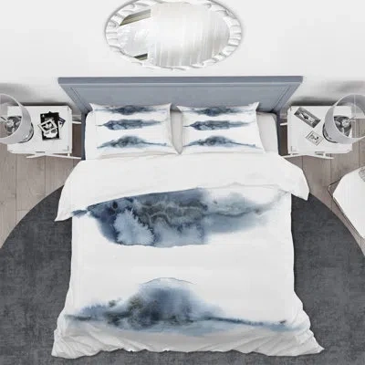 Design Art Abstract Of Dark Blue Clouds Vii - Modern Duvet Cover Set - Microfiber Polyester In Blue,white