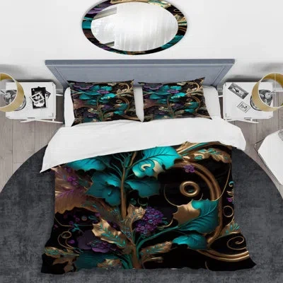 Design Art Abstract Ornate Flowers In Purple And Gold Iii - Floral Duvet Cover Set - Microfiber Polyester In Blue;purple;gold