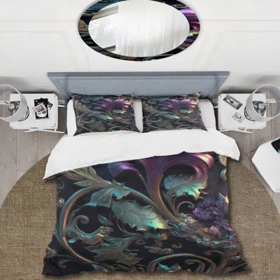 Design Art Abstract Ornate Flowers In Purple And Gold Iv - Floral Duvet Cover Set - Microfiber Polyester In Green;purple;gold