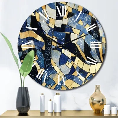 Design Art Abstract Pattern With Blue & Golden Textures Xvii Metal Wall Clock
