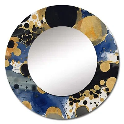 Design Art Abstract Pattern With Blue & Golden Textures Xxiii - Geometric Decorative Wall Mirror, Modern Round  In Gold;blue