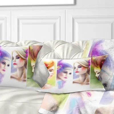Design Art Abstract Portrait Colorful Women Face Collage Lumbar Pillow