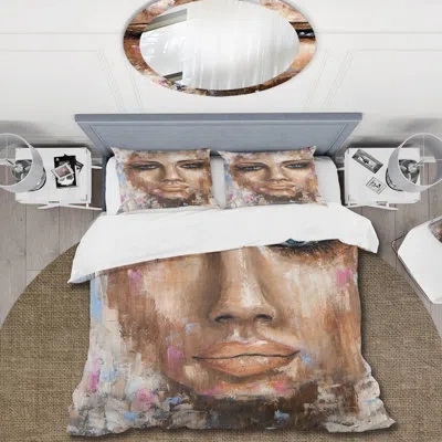 Design Art Abstract Portrait Of A Young Woman - Modern Duvet Cover Set - Microfiber Polyester In Beige,white