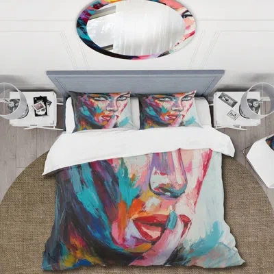 Design Art Abstract Portrait Of Young Woman With Blue Eyes - Modern Duvet Cover Set - Microfiber Polyester In Oink,bule,orange