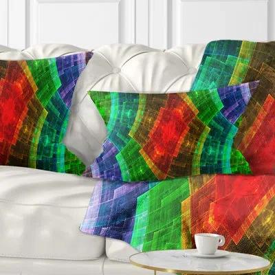 Design Art Abstract Psychedelic Fractal Metal Grid Lumbar Pillow In Green,red,purple