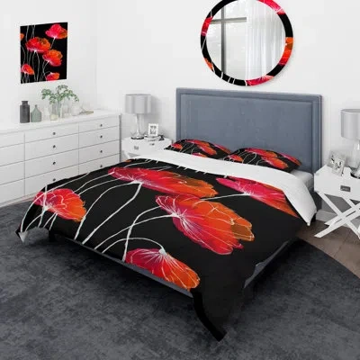 Design Art Abstract Red Flower Detail On Black Ii - Traditional Duvet Cover Set - Microfiber Polyester In Black,red