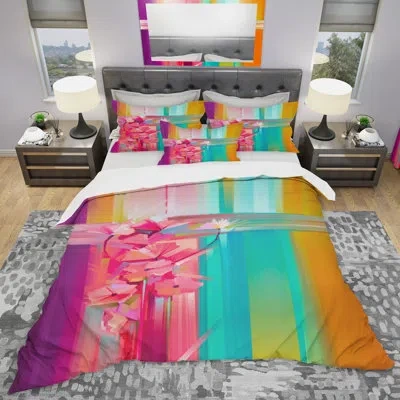 Design Art Abstract Red Gerbera Spring Flower - Floral Duvet Cover Set - Microfiber Polyester In Pink