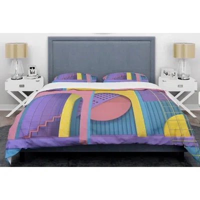 Design Art Abstract Retro Geometric Architecture Mid-century Duvet Cover Set In Blue
