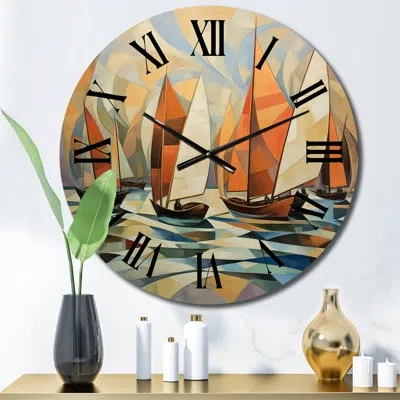 Design Art Abstract Sailboats At Sunset Cubist Minimalism Iii Metal Wall Clock In Brown