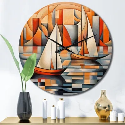 Design Art Abstract Sailboats At Sunset Cubist Minimalism Iv Metal Wall Clock In Blue