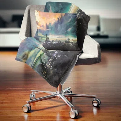 Design Art Abstract Sci Fi City Watercolor - Landscape Printed Pillow In Blue;black;brown;green;red;yellow