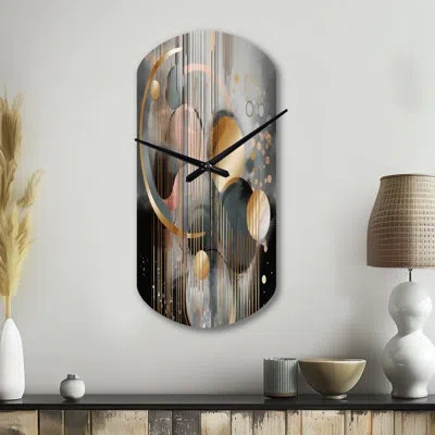 Design Art Abstract Shapes And Lines Iii - Marble Asymmetrical Metal Wall Clock, Gold Cylinder Wall Clock Print In Gray;gold