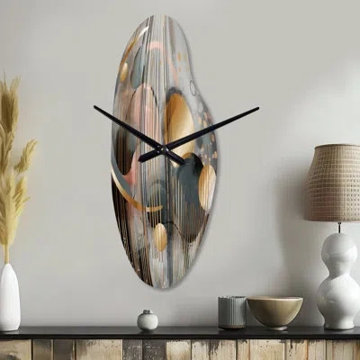 Design Art Abstract Shapes And Lines Iii - Marble Curved Metal Clock, Modern Asymmetrical Wall Clock Print In Gray;gold