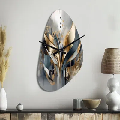Design Art Abstract Shapes And Lines Iv - Marble Asymmetrical Metal Wall Clock, Modern Unique Shape Wall Clock  In Gold
