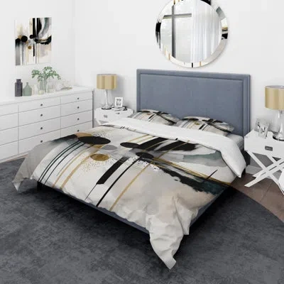 Design Art Abstract Transitional Shapes V - Modern Duvet Cover Set - Microfiber Polyester In Black;gold