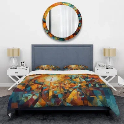 Design Art Abstracting The Cubist Form I - Abstract Cubism Duvet Cover Set - Microfiber Polyester In Blue;orange