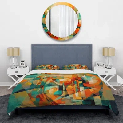 Design Art Abstracting The Cubist Form Iv - Abstract Cubism Duvet Cover Set - Microfiber Polyester In Green;orange