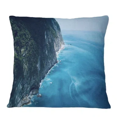 Design Art Aeral View Of Ocean By The Mountains - Nautical & Coastal Printed Throw Pillow In Blue