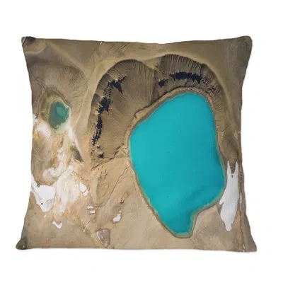 Design Art Aerial View Of Azure Volcanic Lake - French Country Printed Throw Pillow In Blue;brown