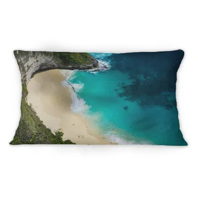Design Art Aerial View Of Blue Ocean Beach - Nautical & Coastal Printed Throw Pillow 1