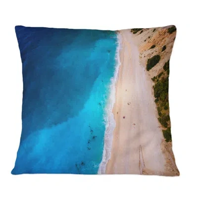 Design Art Aerial View Of Blue Ocean With Beach - Nautical & Coastal Printed Throw Pillow In Blue;beige;blue;beige