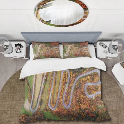 Design Art Aerial View Of Curvy Road In Autumn Landscape - Traditional Duvet Cover Set - Microfiber Polyester In Orange,green