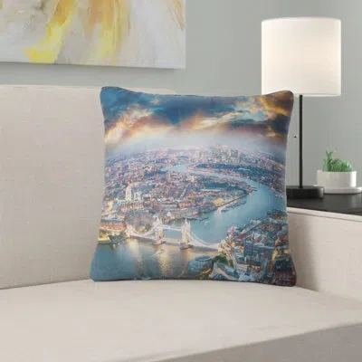 Design Art Aerial View Of London At Dusk - Cityscape Printed Pillow In Blue