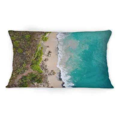 Design Art Aerial View Of Turquoise Tropical Island Beach -1 Nautical & Coastal Printed Throw Pillow