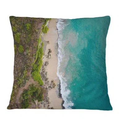 Design Art Aerial View Of Turquoise Tropical Island Beach - Nautical & Coastal Printed Throw Pillow In Blue;green