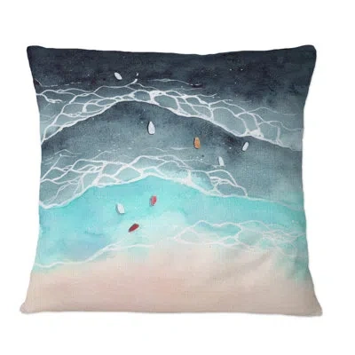 Design Art Aerial View On Tropical Ocean Waves - Nautical & Coastal Printed Throw Pillow In Blue;gray