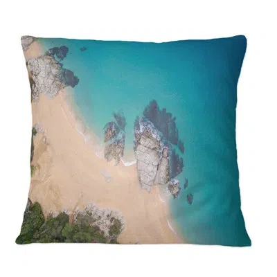 Design Art Aerial Views Of The Rocks In Sea On A Sunny Day - Nautical & Coastal Printed Throw Pillow In Blue;beige