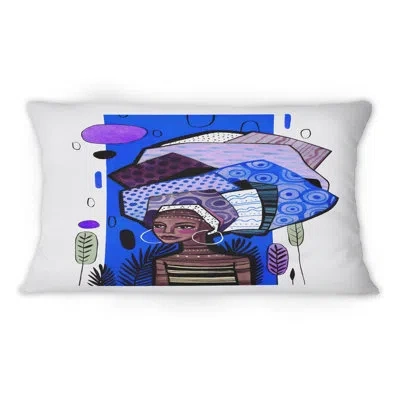 Design Art African American Girl With Blue Geometrics - Mid-century Modern Printed Throw Pillow 1