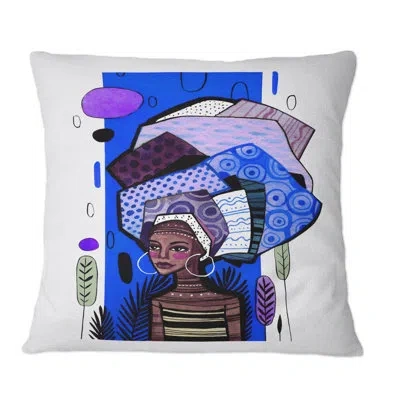 Design Art African American Girl With Blue Geometrics - Mid-century Modern Printed Throw Pillow In Blue;brown