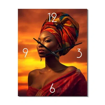 Design Art African Beauty In Traditional Attire At Sunset - African American Woman  Wall Clock Oversized In Red