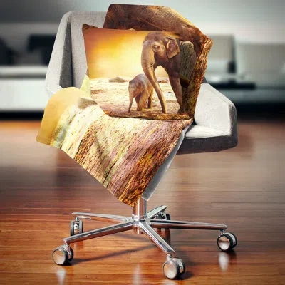 Design Art African Elephant Mother And Baby Outdoors Throw Pillow In Yellow