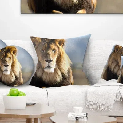 Design Art African Fierce Face Of King Of The Wild Throw Pillow In Brown;white