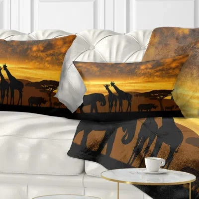 Design Art African Giraffes And Elephant And Rhino Lumbar Pillow In Black;yellow