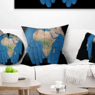 Design Art African Map In Our Hands - Maps & Flags Printed Pillow In Blue