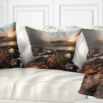 Design Art African Rocky Coast Panorama - Sea & Shore Printed Pillow In Blue;orange