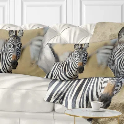 Design Art African Zebra Close Up View - Animal Printed Throw Pillow In Black;white