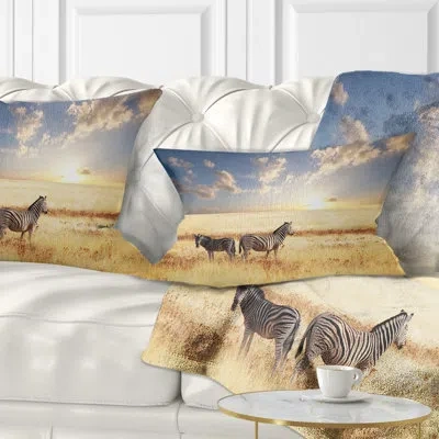 Design Art African Zebras Beautiful Grassland At Sunset Lumbar Pillow