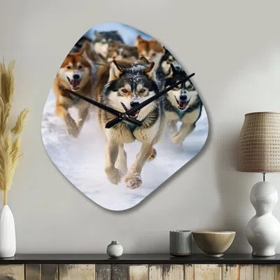 Design Art Alaska Dog Sledding Iii - Alaska Irregular Shape Metal Wall Clock, Cream Asymmetrical Metal Wall Clo In Gray;cream