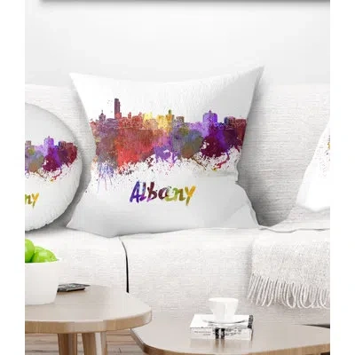 Design Art Albany Skyline - Cityscape Printed Pillow In Yellow;purple