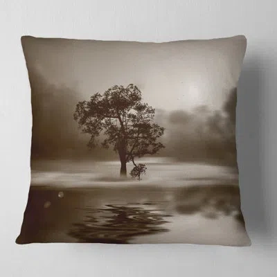 Design Art Alone Tree On Island In Sepia - Landscape Printed Pillow In Blue;black;brown;green;red;yellow