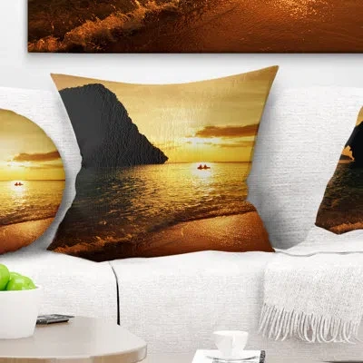 Design Art Amazing Evening Tropical Beach - Sea & Shore Printed Pillow In Yellow