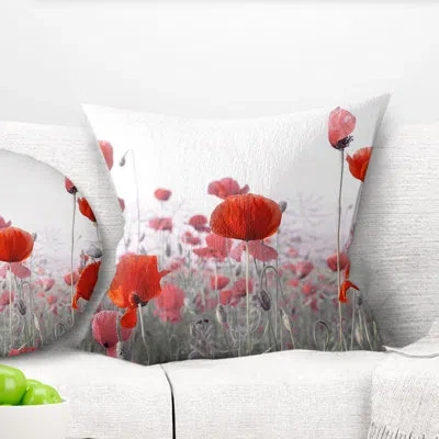 Design Art Amazing Red Poppy Flower Garden - Floral Printed Pillow