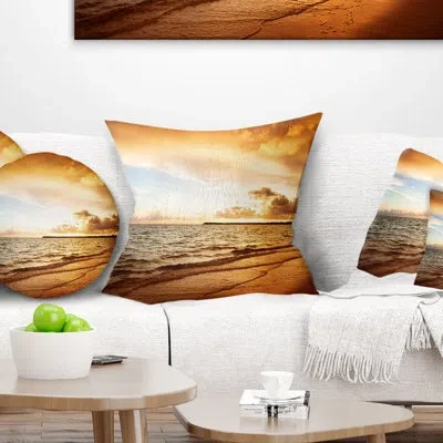 Design Art Amazing Sunrise At Atlantic Ocean - Sea & Shore Printed Pillow In Blue;orange