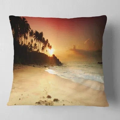 Design Art Amazing Sunset And Beach In Sri Lanka - Sea & Shore Printed Pillow In Red;orange