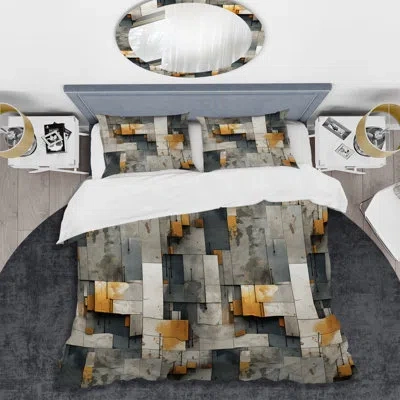 Design Art Ambur Industrial Zen Ii - Geometric Duvet Cover Set - Microfiber Polyester In Gray