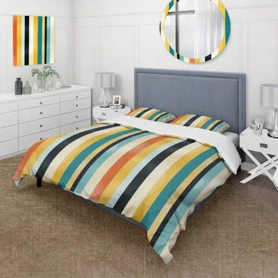 Design Art Amile Midcentury Stripes Revived - Midcentury Duvet Cover Set - Microfiber Polyester In Blue;yellow